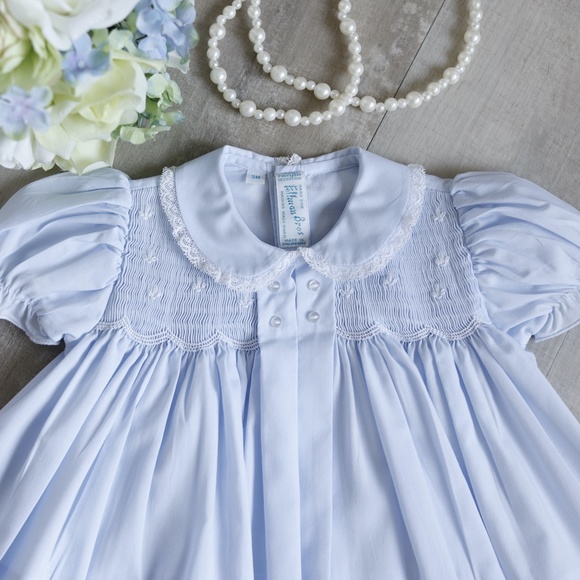 Blue Dress Smocked Heirloom Feltman Brothers Lace Collar Size 3 Months NWT - Picture 2 of 4